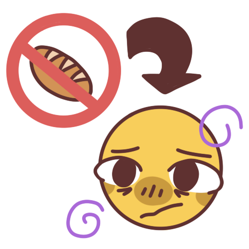 A tried looking emoji-yellow person with purple spirals around them. There’s an arrow pointing from a ‘no food’ sign to them.